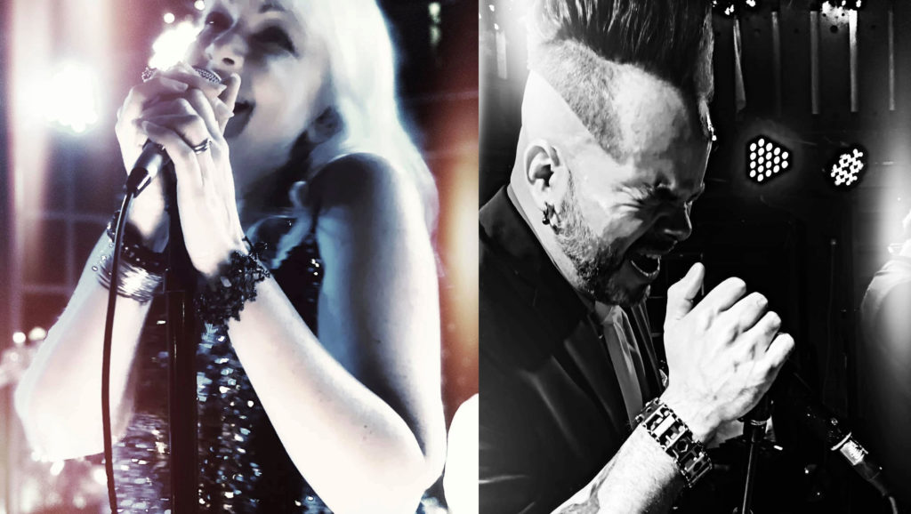 black and white photos side by side of female and male singers holding microphones